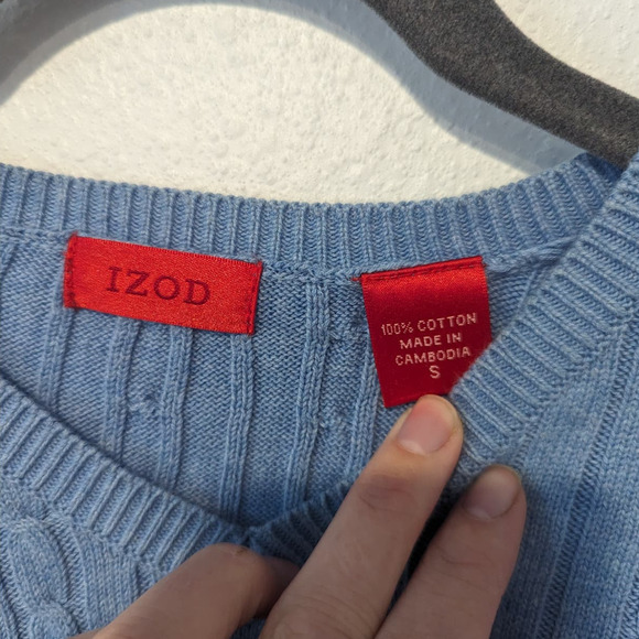 IZOD Men's Cable Knit Sweater Baby Blue Summer Blue 100% Cotton - Picture 3 of 4